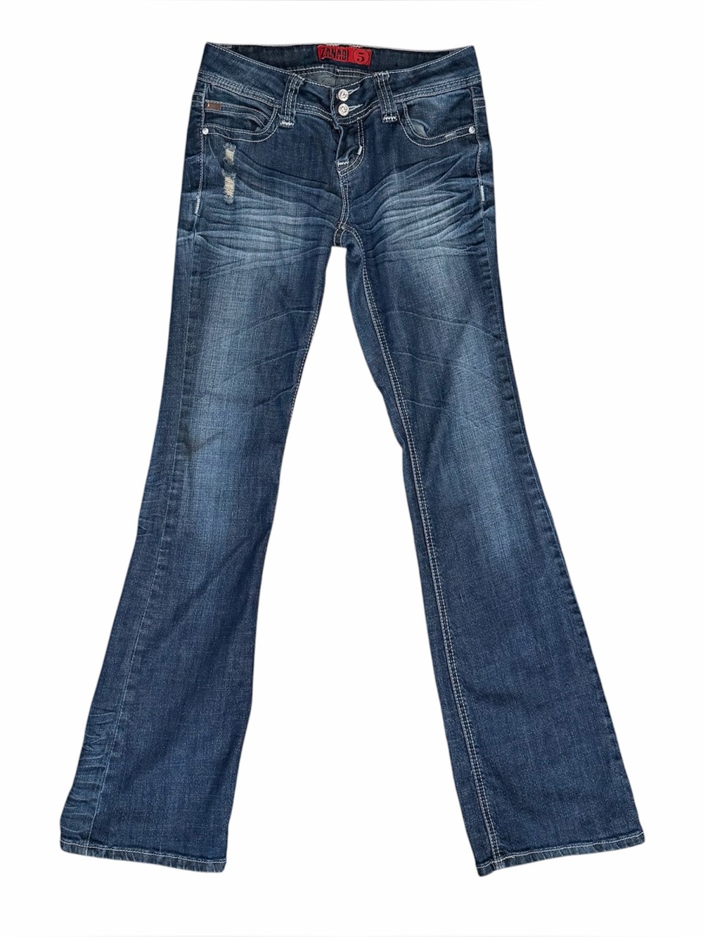 Y2K Zanadi Low Rise Bootcut Jeans Dark Blue Distressed Wash Sz 5